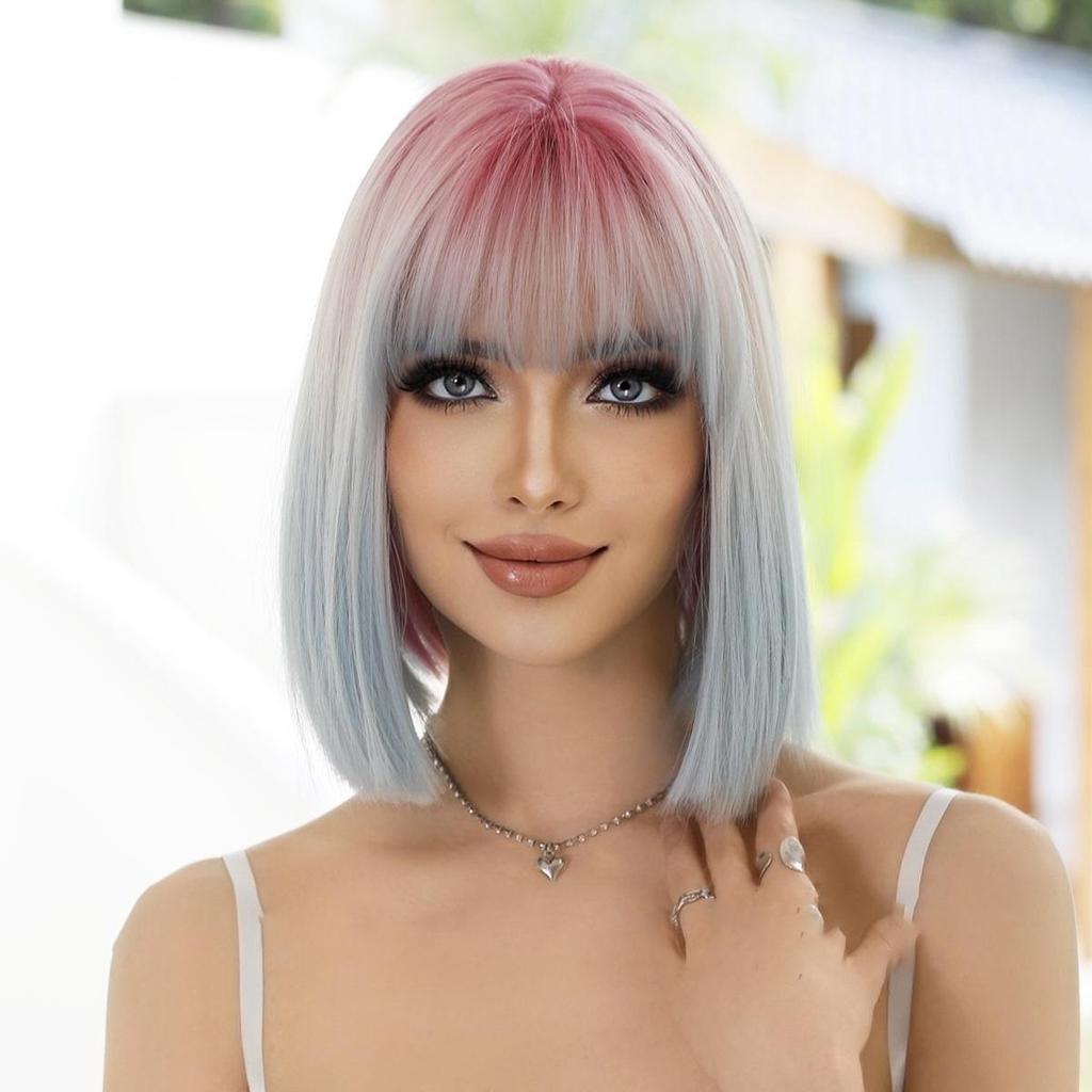 Women's Simulation Wig 30cm Hair Short Straight Wig Full Headgear Rose Hair Net Headdress Beauty Decoration Wig