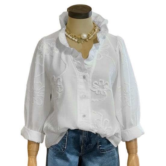 Women Shirt V-Neck Lace Trim Long Sleeve Pullover Tops Pure Color Embroidery Flower Pattern