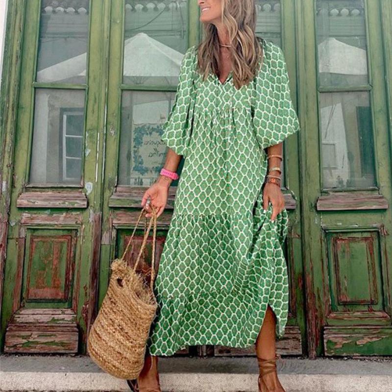 Bohemian Style Printed Lantern Sleeve Loose Maxi Dress For Casual Travel Women