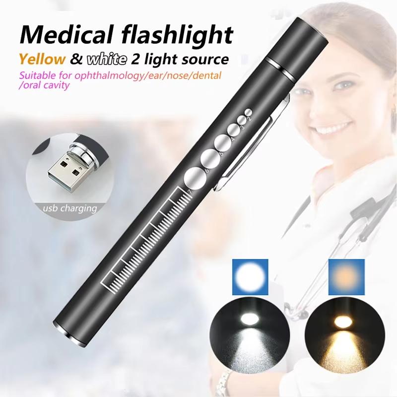 Mini Portable Penlight LED Flashlight Oral Pupil Medical Handy USB Rechargeable Stainless Steel Torch Light Outdoor Fishing Tool