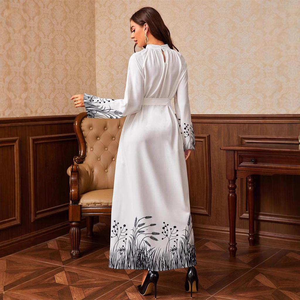 Middle Eastern Print Long Dress with Waistband and Round Neck