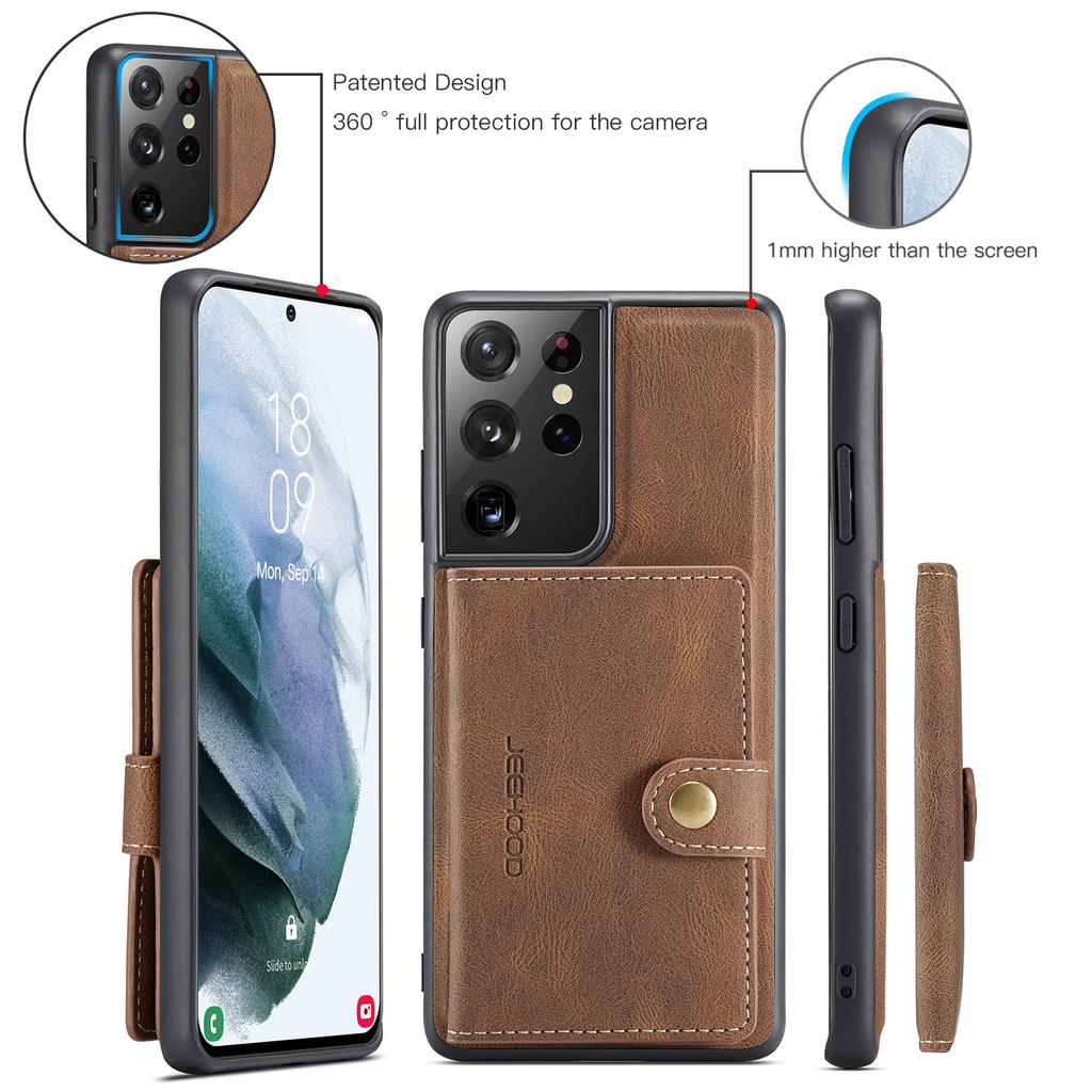 For Samsung Galaxy S21 Ultra 5G Case JEEHOOD J01 Retro Leather Phone Back Cover with Detachable Magnetic Card Holder