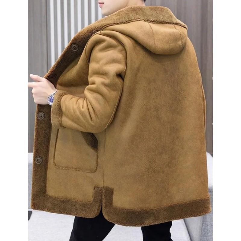 Men's Autumn Mid-length, Fleece and Thickened Coat with Lapel, Double-sided Wearing Fur and Grain Overcoat