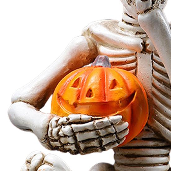 Yousheng Halloween Holding Pumpkin Skeleton Figurine Creepy Sitting Skeleton Resin Statue Sculpture Holiday Party Decoration Ornament