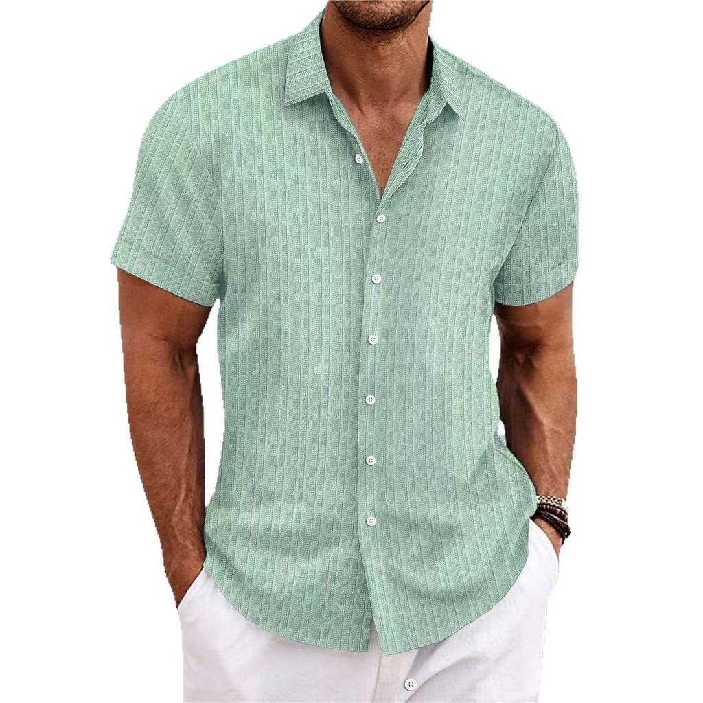New Men's Linen Striped Jacquard Casual Loose Short-sleeved Shirt