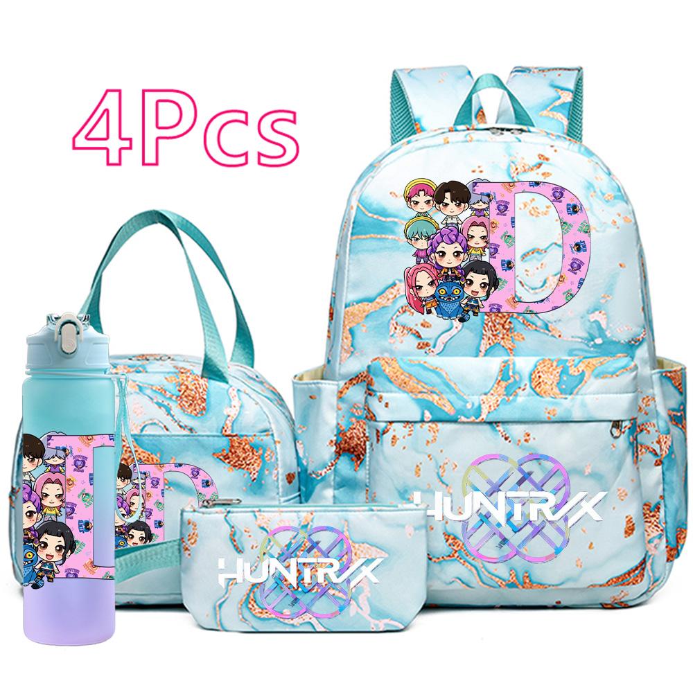 4Pcs/set Cartoon K-Pop Printed Large Capacity Backpack Handbag Pencil Case with 750Ml Water Bottler for Teenager Boy Girl Schoolbag Bookbag Mochila