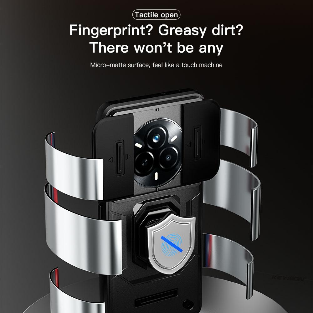 KEYSION Stoßfeste Hülle für Realme 14 Pro+5G Schiebekamera-Schutz Metallring-Ständer Handy-Rückabdeckung für OPPO Realme 14 Pro 5G