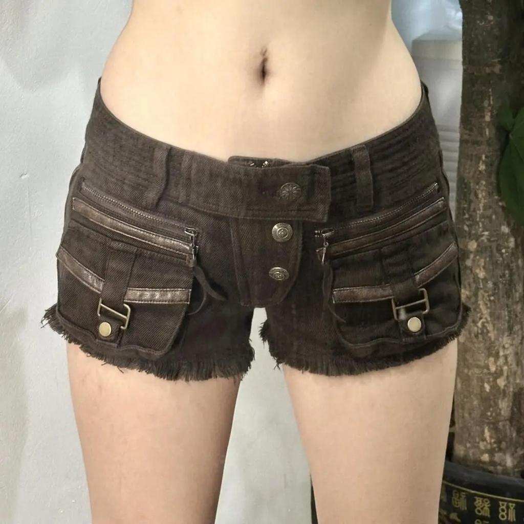VIONA American Spice Girl Multi-Pocket Denim Shorts Women's New Low Waist Hips A-Word Y2k Hot Pants