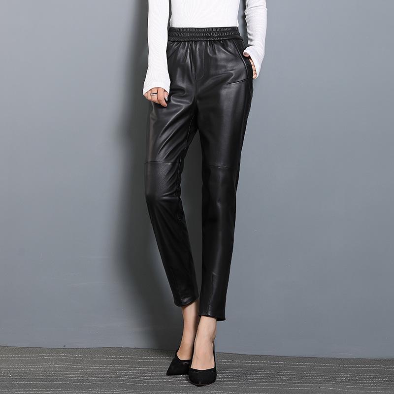 

Spring/Autumn 2026 Genuine Leather Slim Fit Sheepskin Pencil Pants for Women - Korean Style 4XL (70-78 kg) чорний