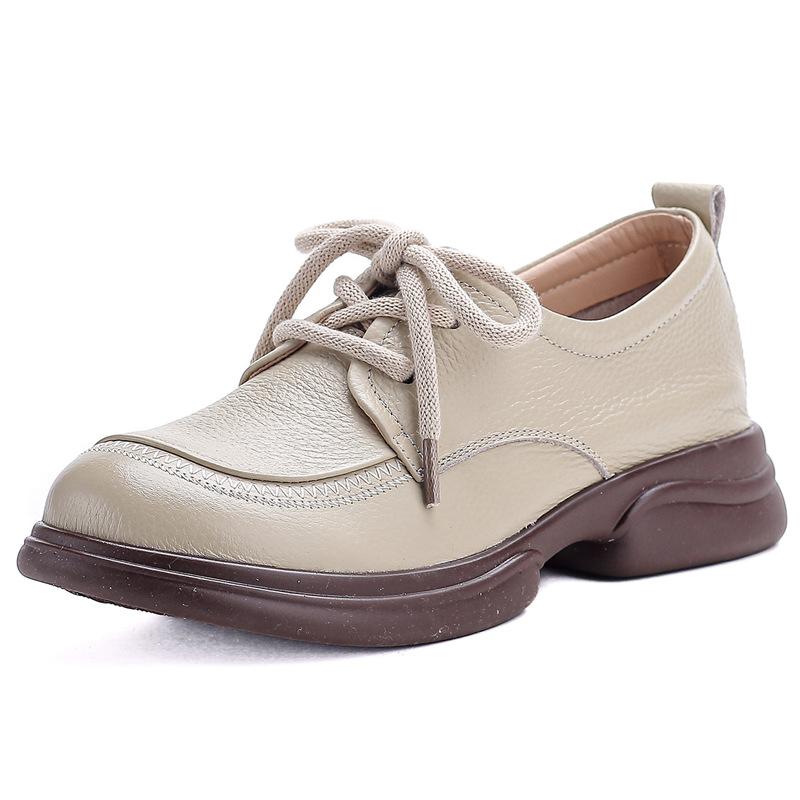 All cowhide spring and autumn new single shoes retro leather shoes wide head shoes women's round head platform mother shoes