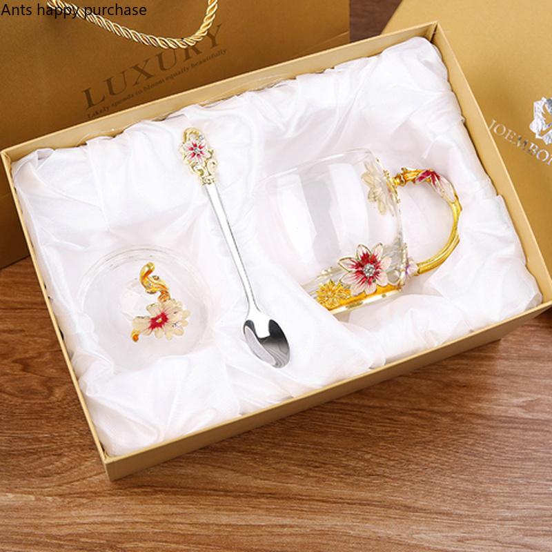 Emaliowany Kolorowy Kubek do Herbaty z Kwiatami Domowy Kubek do Wody Salonowy Kubek do Kawy Kryształowy Szklany Kubek do Herbaty z Pokrywką i Łyżeczką Naczynie do Napojów z Uchwytem