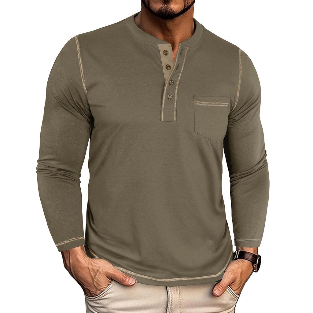 Men Vintage Contrast Color Crew Neck Long Sleeve Pocket Casual Henley T Shirt