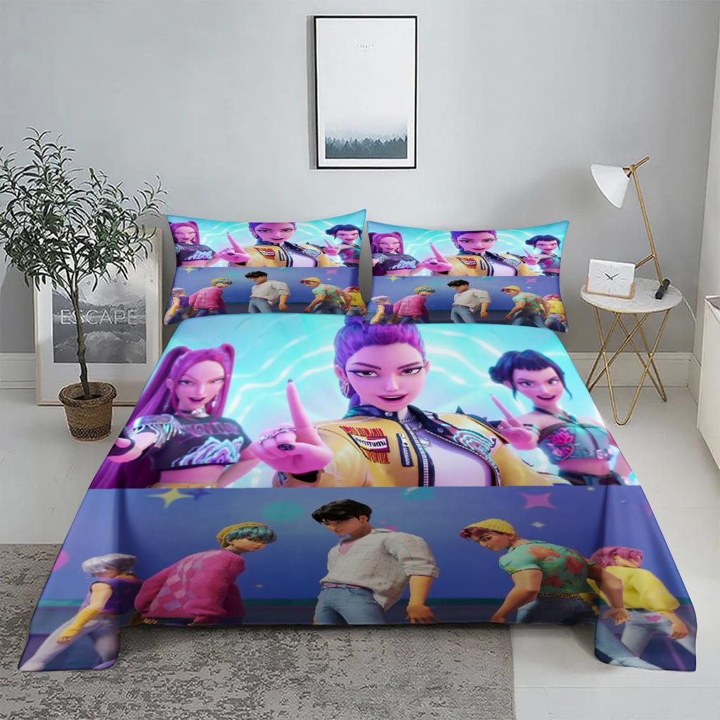 RUMI D-Demon Hunters K-pop Bed Sheet Set 3D Printed Bed Flat Sheet With Pillowcase Bed Linen King Queen Size