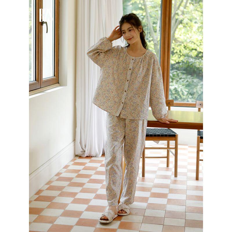 24 Years Fall and Winter New Arrival Cotton Double-Layer Gauze Long Sleeves Home Wear Bath Light Print Lace Pajamas Suit