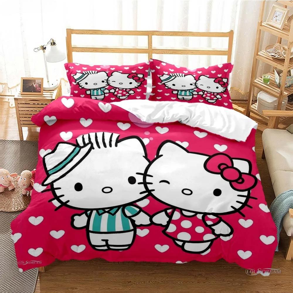 Hello Kitty Cartoon Cute Comforter Duvet Cover Bedding Sets Soft Quilt Cover Pillowcases Single/Double/Queen/King Size