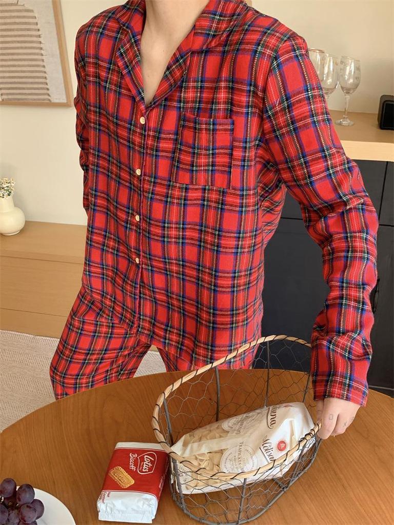 Korean Spring & Autumn Plaid Lace Peter Pan Collar Pajamas - Loose Couple Long Sleeve Homewear Set