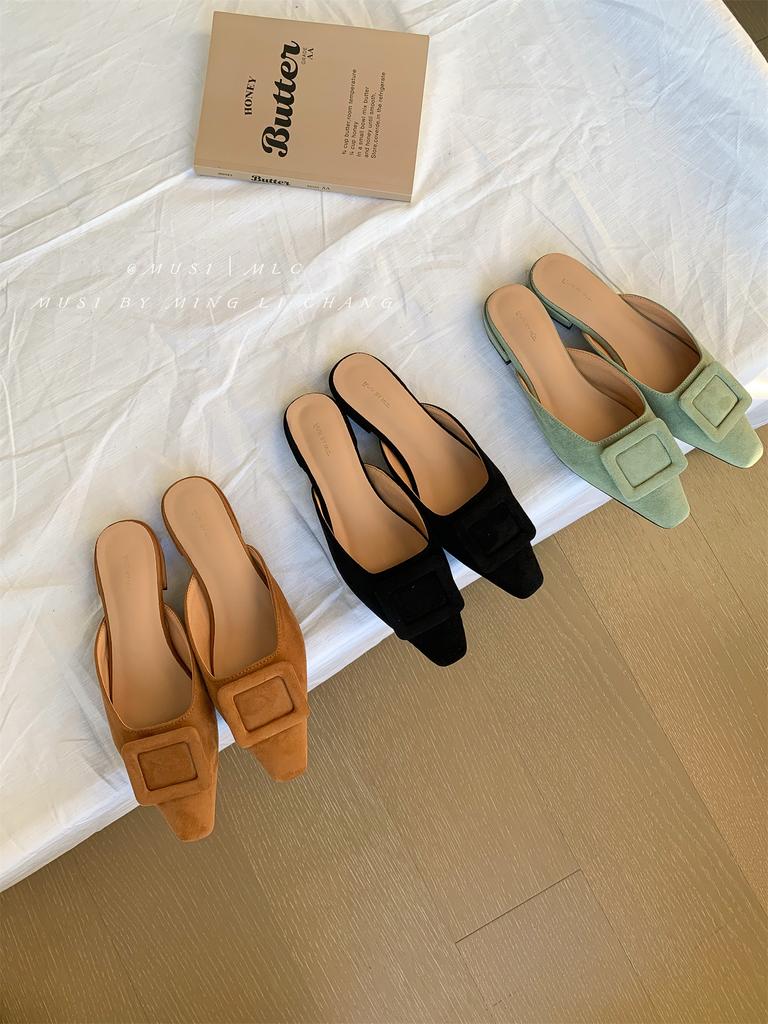 2025 Womens Summer Sandals Lady Mules Basic Style Shoes Natual Suede French Style Buckle Slippers Women Pump Pointed Slingback