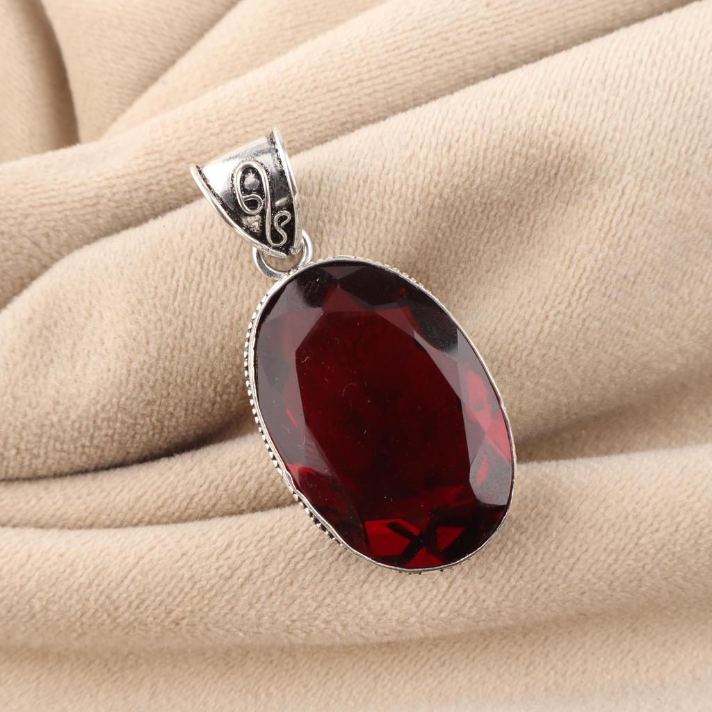 Mozambique Garnet Gemstone Silver Pendant 1.8" , 925 Sterling Silver Handmade Vintage Pendant For Women PP-71-3