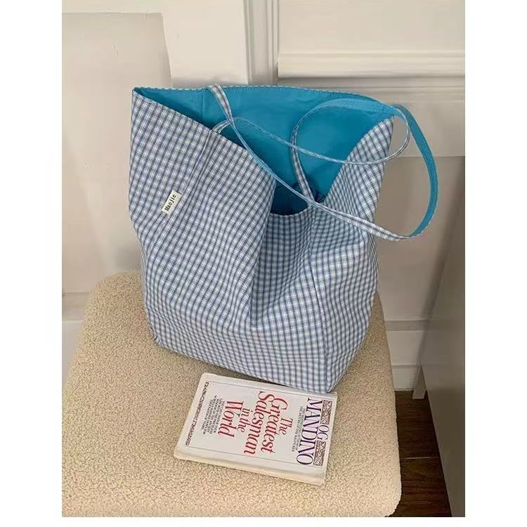 2025 New Trendy College Style Plaid Canvas Bag Female Tote Bag Casual Large-capacity Shopping Bag
