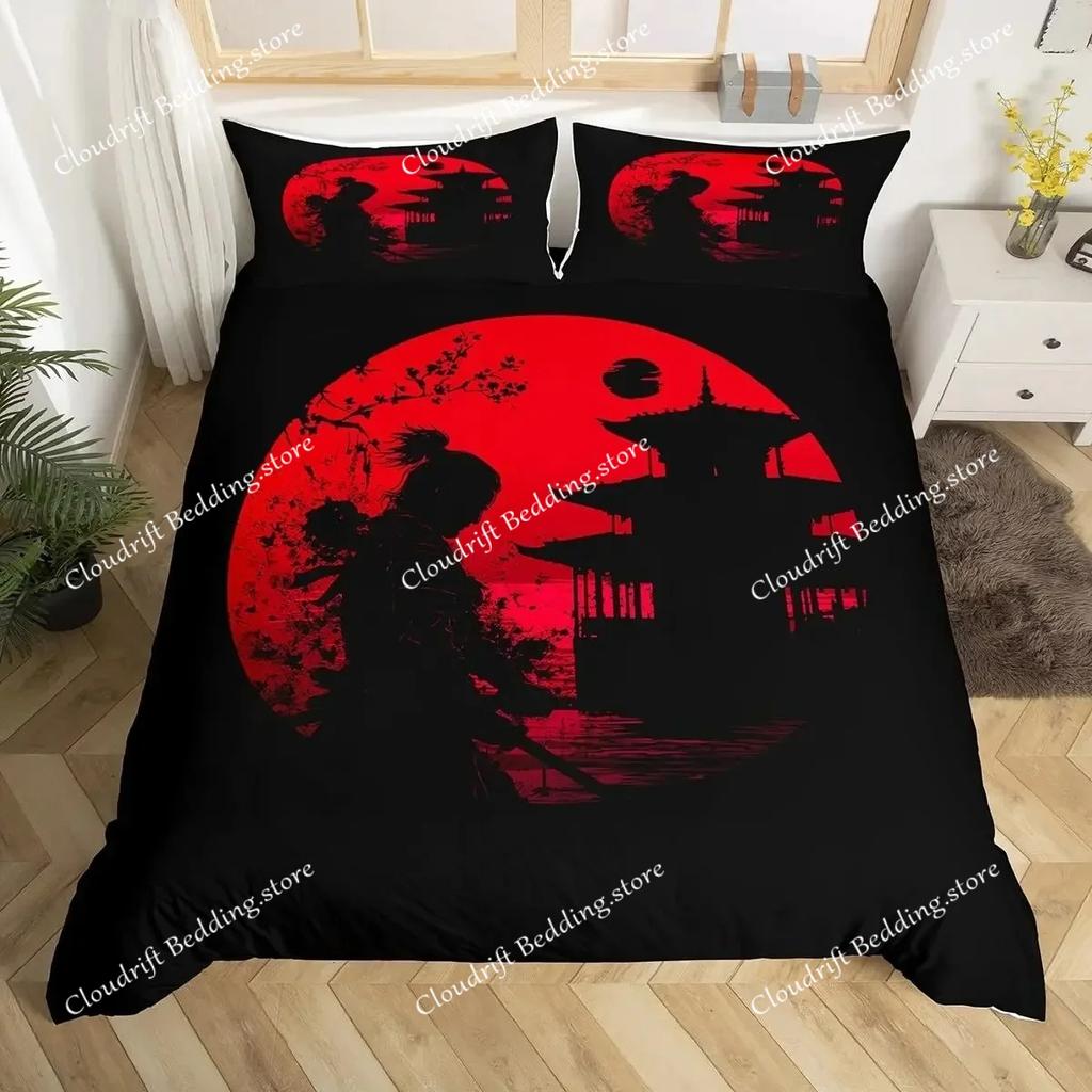 Fashion Japanese Samurai Bedding Set Full Size Cherry Blossoms Duvet Cover Red Sun Hokusai Comforter Fuji Mountain Quilt Cover
