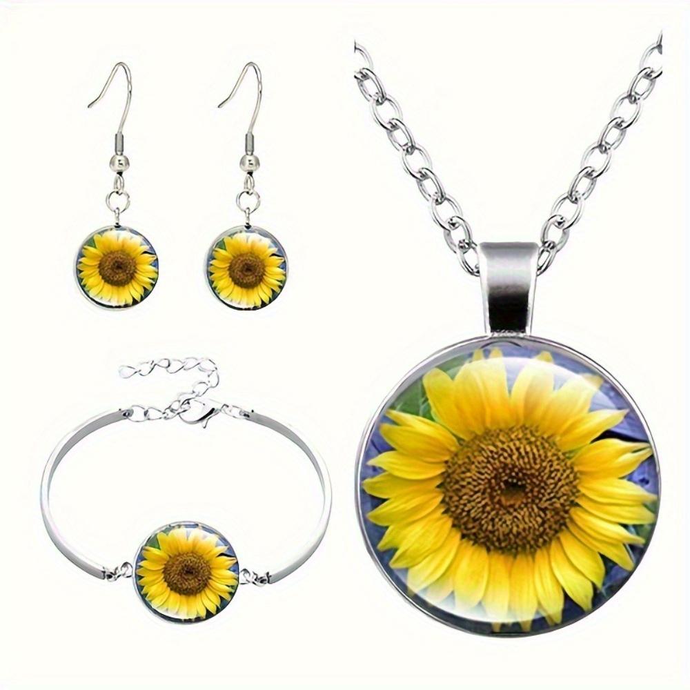 Sunflower Time Gemstone Pendant Necklace Set Fashion Bracelet Earring Jewelry Set Three Piece Set