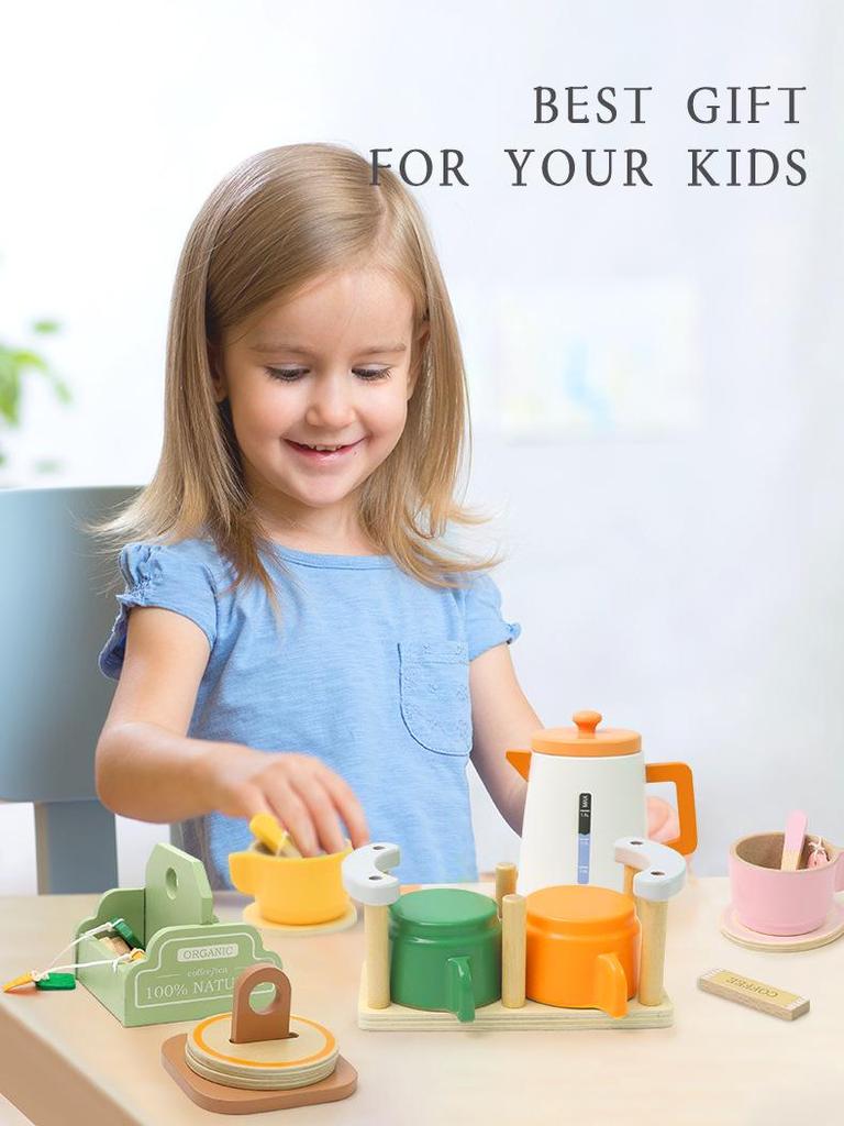 Children's Wooden Pretend Play Tea Set with Desserts and Teapot Tableware