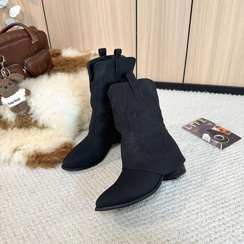 Pointed Retro Embroidered Western Cowboy Boots Women's Thick Heel Fashion Pants Boots Skinny Martin Boots
