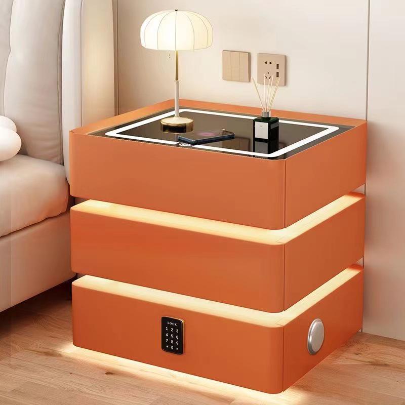 Solid Wood Floating Bedside Table with Wireless Charging & Three Drawers — Modern Light Luxury Bedroom Cabinet