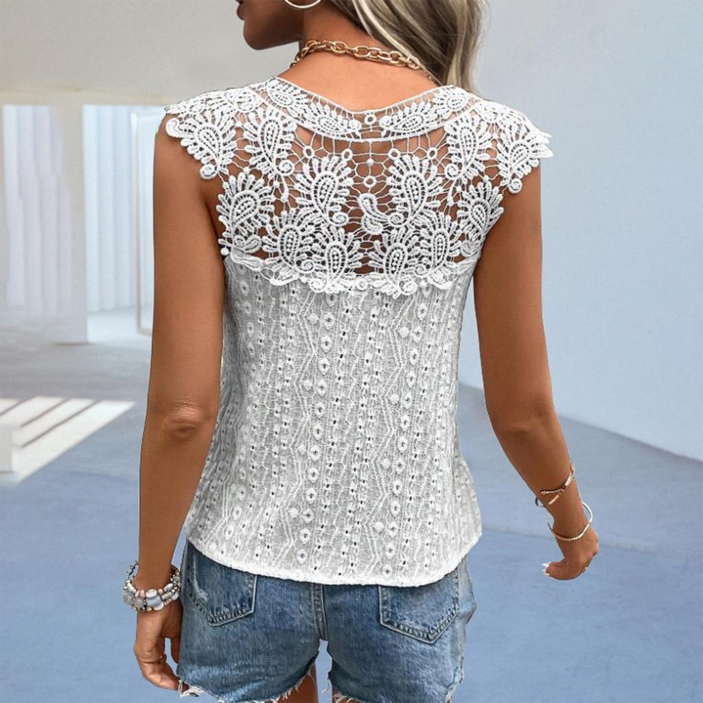 Stylish And Sexy Women's New V-neck Hollow Lace Solid Color Splicing Pullover Sleeveless T-shirt