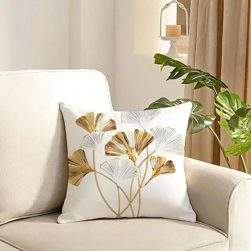 Ginkgo Leaves Printed Cushion Cover Reversible Plush Pillow Cover Soft Fluffy Home Decor for Sofa Bedroom