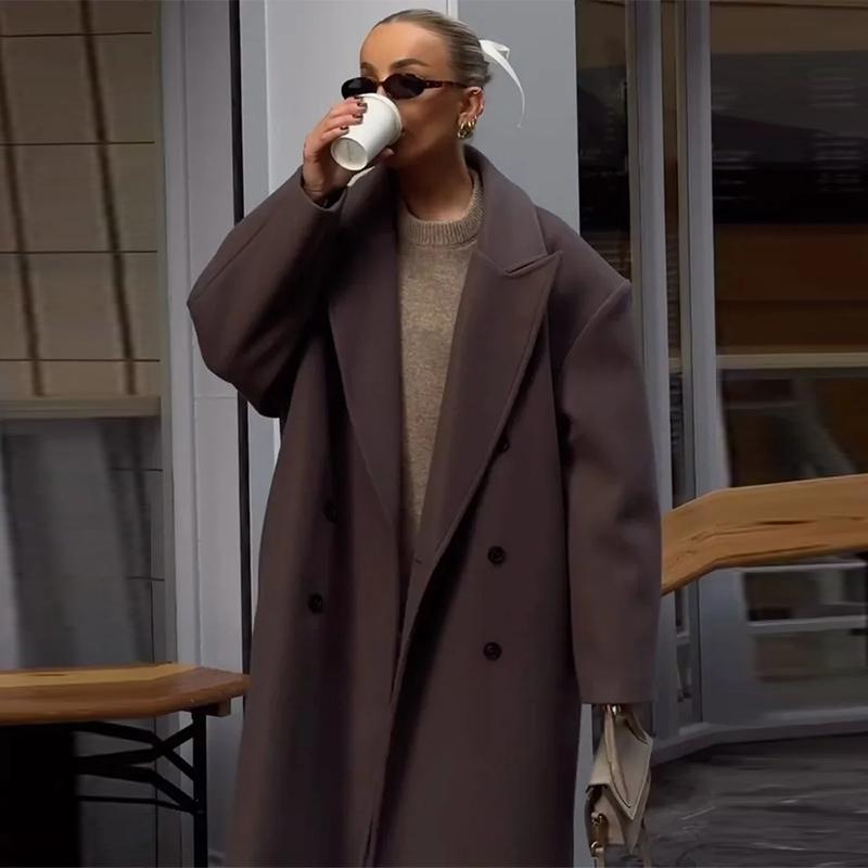Brown Lapel Woolen Coat Synthetic Fabric Women's Double Breasted Long Sleeve Warm Coat Straight Tube Version Autumn and Winter