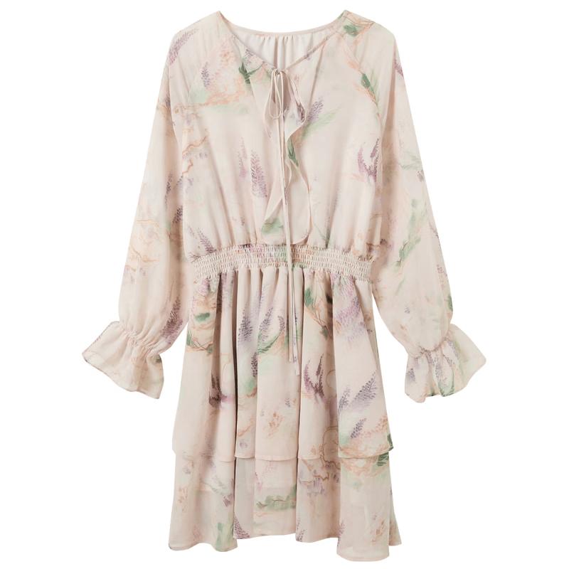 Sancai 2026 Autumn Ruffled V-neck Printed Chiffon Long Sleeve Dress