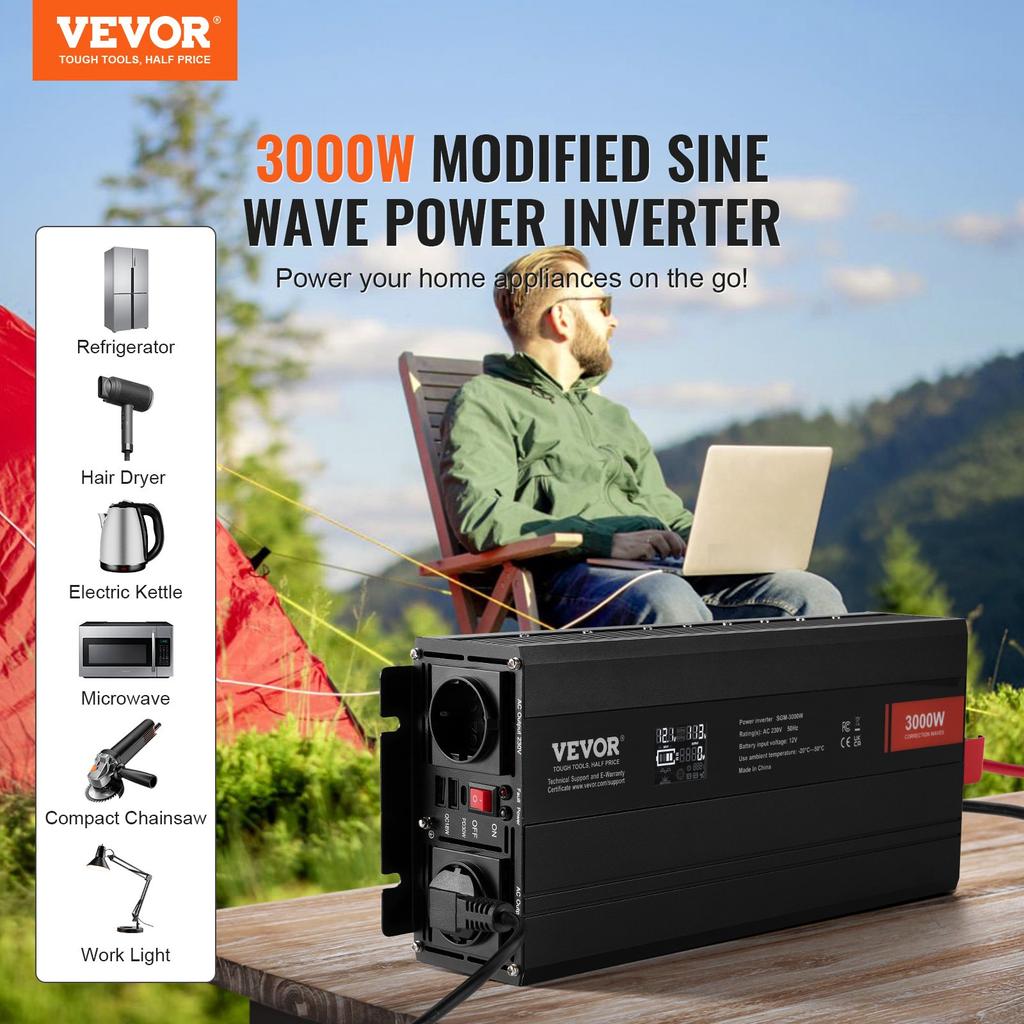 VEVOR Modified Sine Wave Inverter, 3000Watt, DC 12V To AC 230V LCD Display Power Inverter with 3 AC Outlets 2 USB Port 1 Type-C Port 10 Spare Fuses