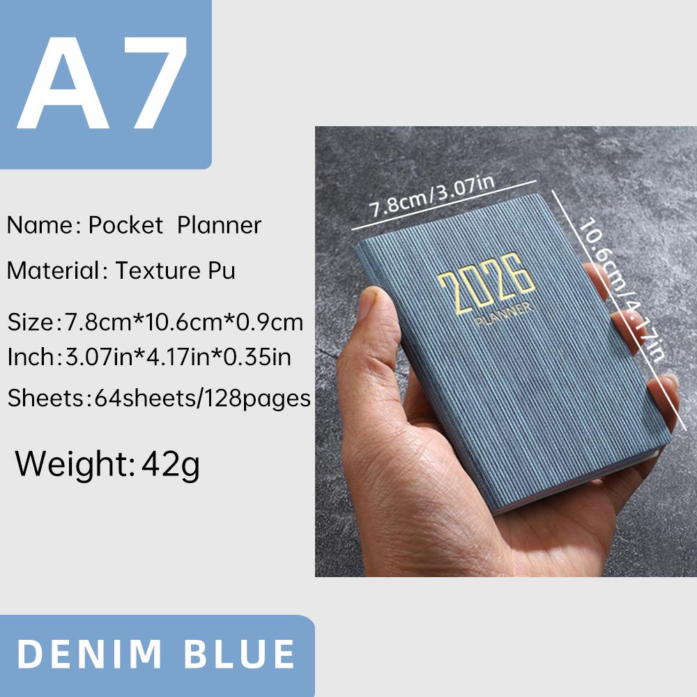 A7 specification 2026 English planner book, mini portable pocket daily schedule book, 64 sheets 128 page thin weekly calendar