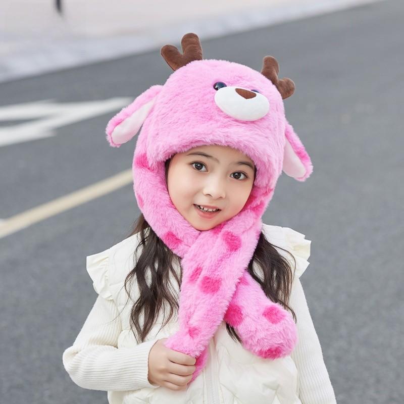 Childrens Cute Cartoon Hat With Moving Ears And Warm Neck Wrap For Snow Days