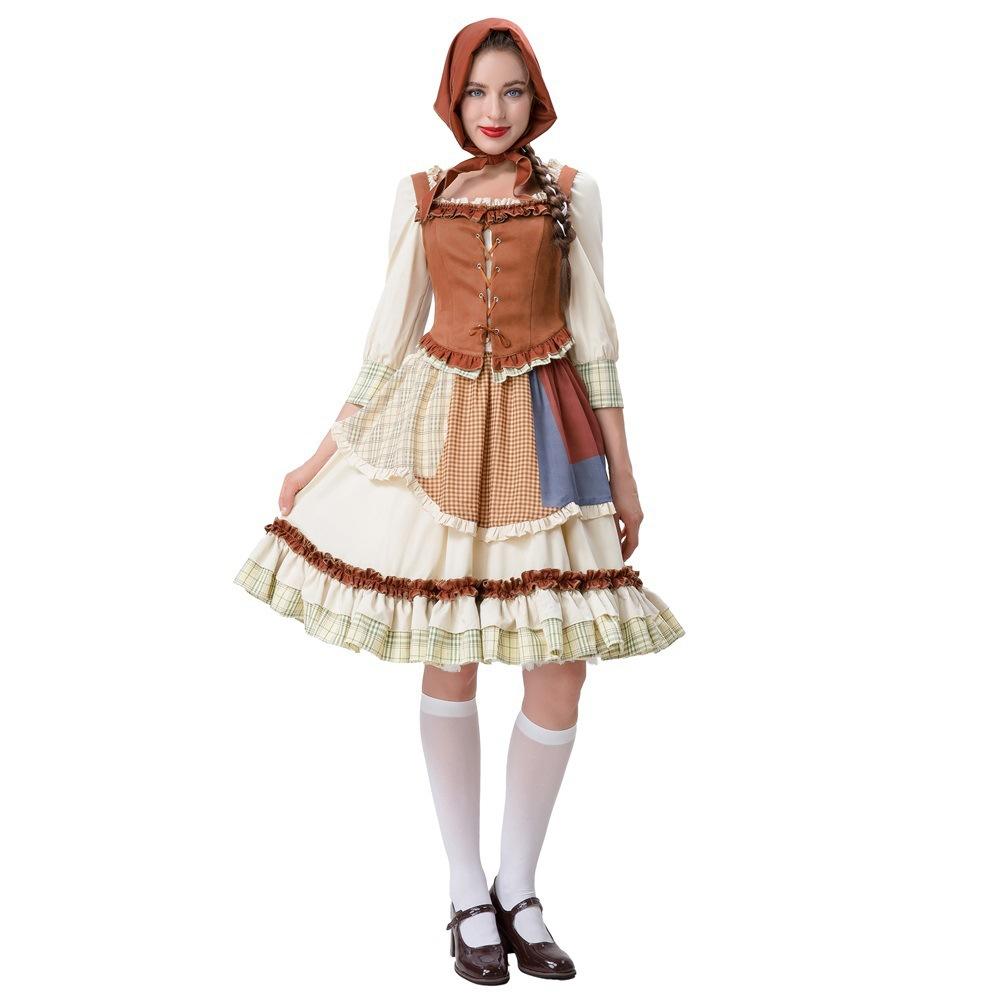 New Adult Female Halloween Little Red Riding Hood Costume Pastoral Manor Farm Maid Dress Set