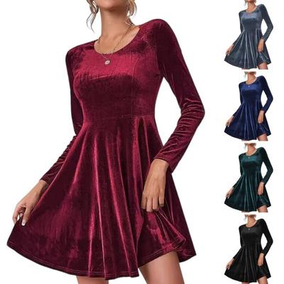 Women Fall Spring Dress O Neck A-line Big Swing Solid Color Long Sleeves Velvet Fabric Above Knee Length Short Dress for Dating Prom Parties