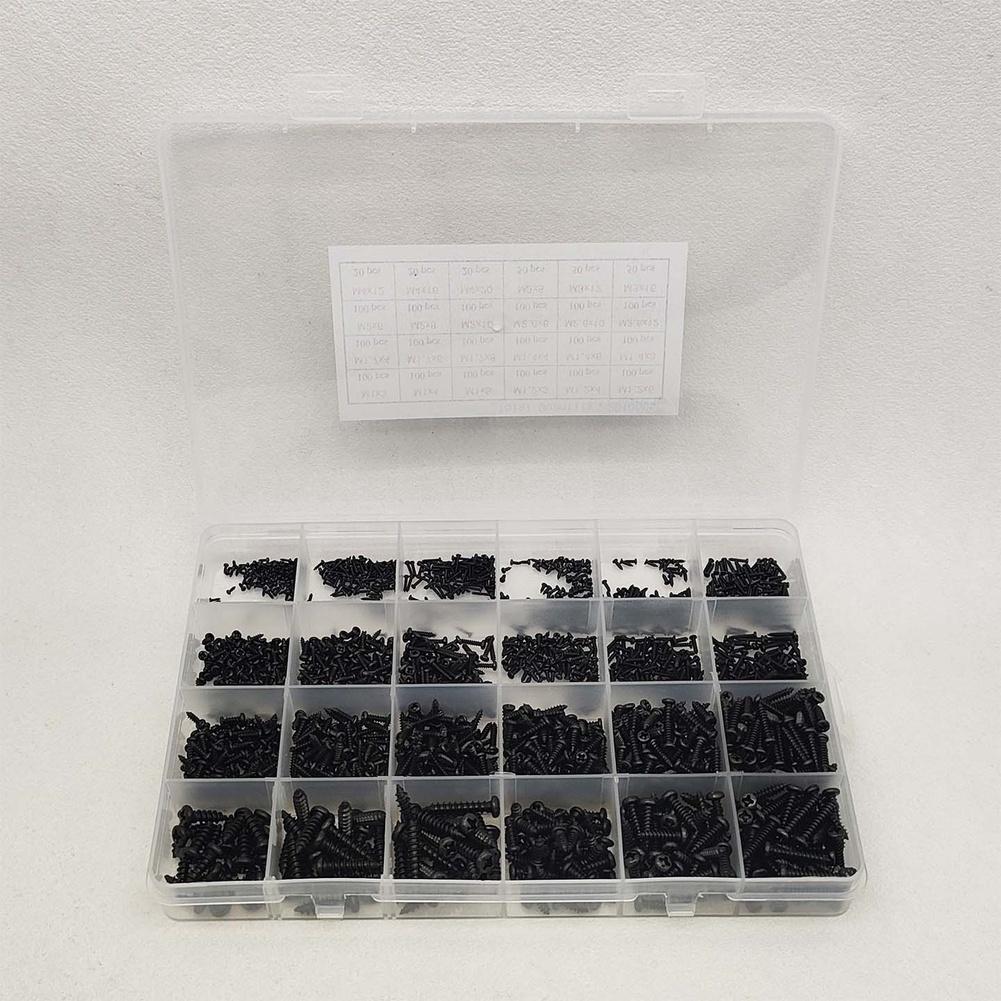 2010pcs Boxed Black Round Head 1MM‑4MM Mixed Sizes Assortment Kit Self-Tapping Screw Pan Head Wood Screw Set Assortment Kit