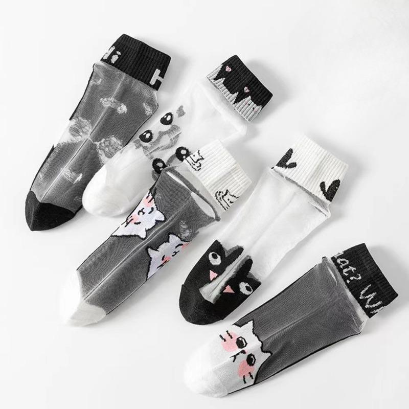 5Pairs/lot Summer Socks Black and White Cat Glass Silk Breathable Female Socks Simple Short Socks
