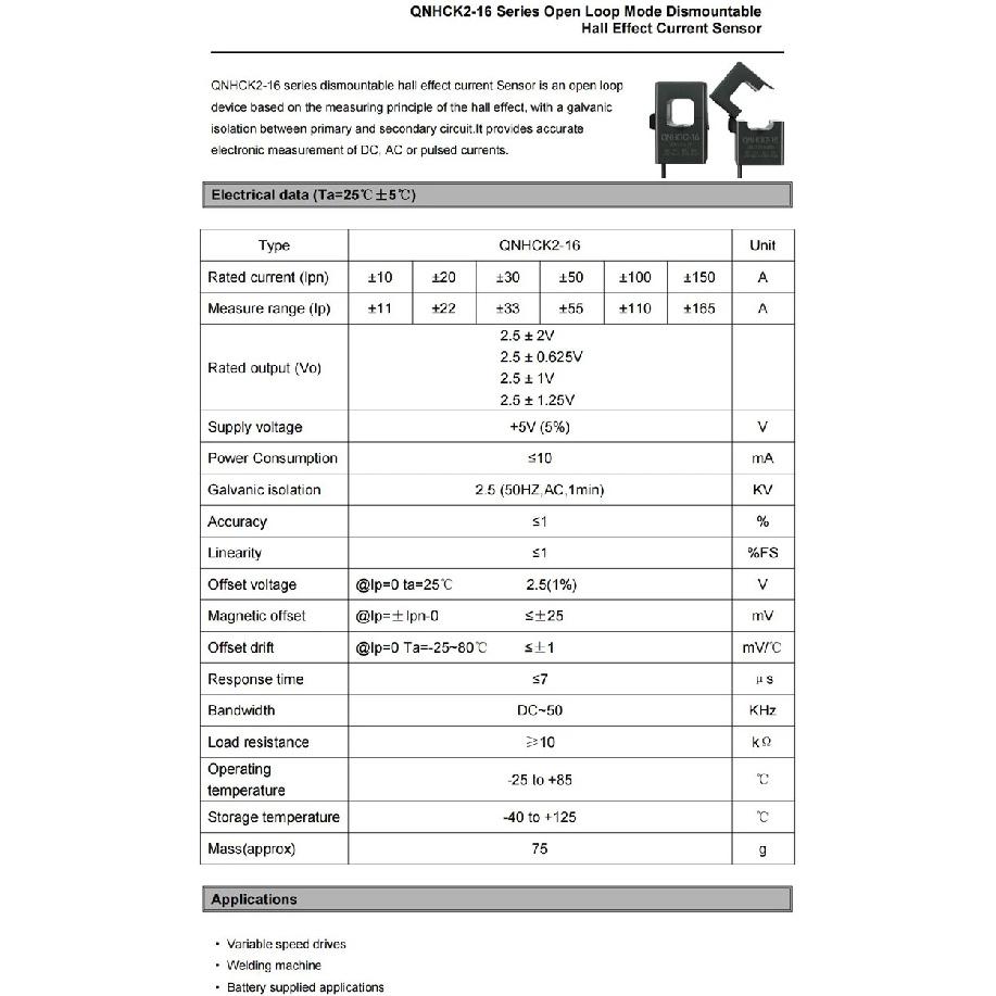 Hall Effect Current Transducer Sensor QNHCK2-16 Dc 10A 20A 30A 50A 100A 2.5V±2V 2.5V±0.625V Split Core Current Sensor Clamp On