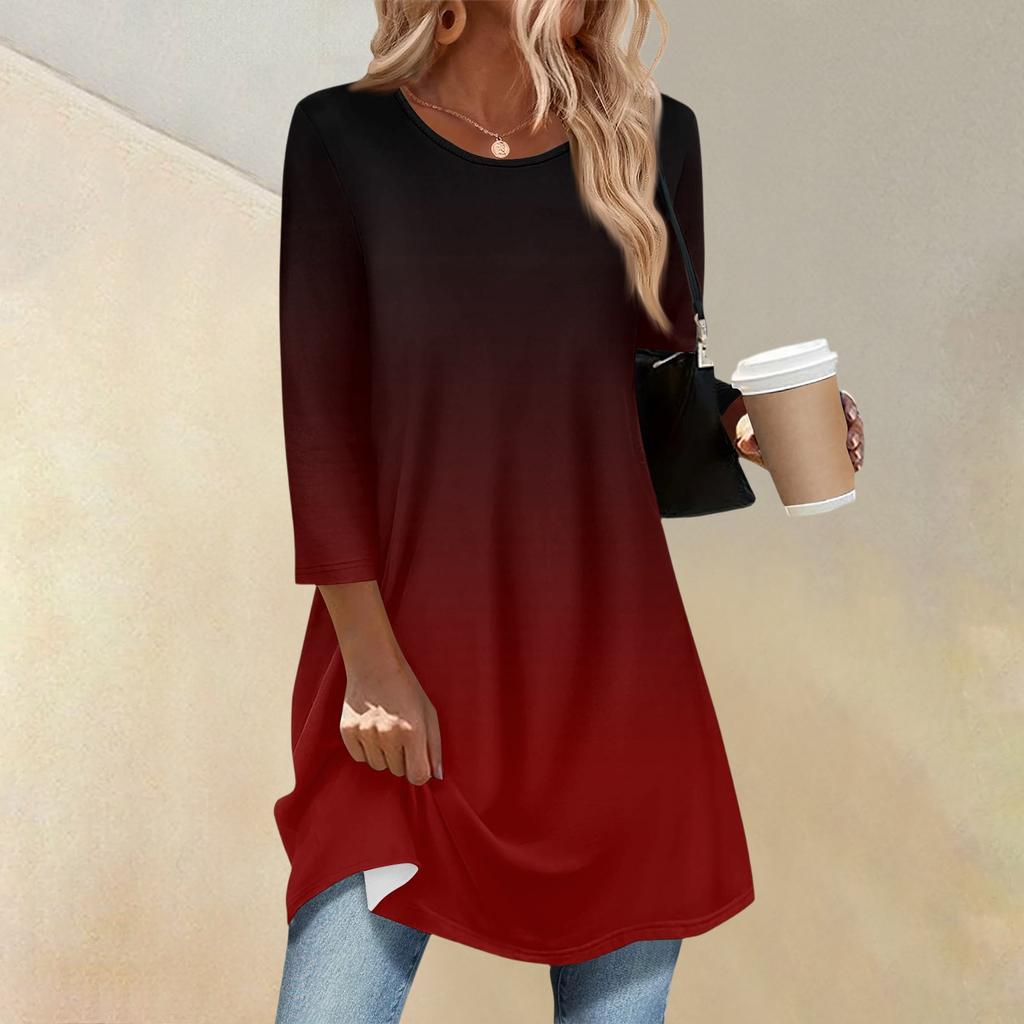 Women's Fashion Casual Three-quarter Sleeve Long Gradient Round Neck Top