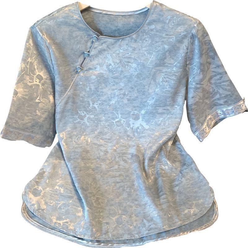 Chinese button retro printing round neck short sleeve 2025 summer new shirt temperament shirt top