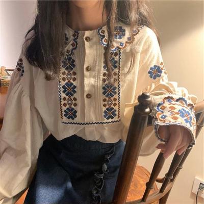 Nová dámska košeľa Vintage Harajuku košeľa voľného strihu Top s dlhým rukávom Vyšívaná elegantná dámska košeľa