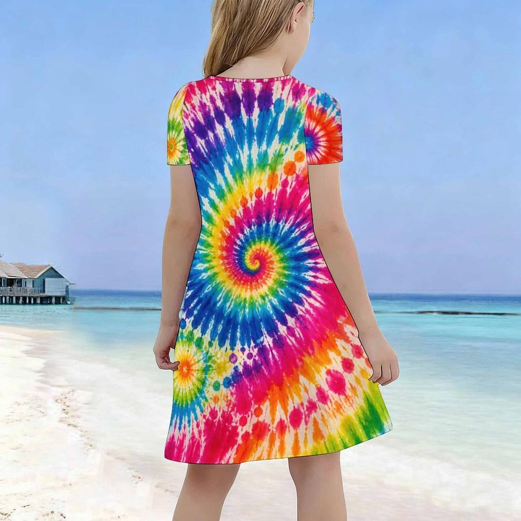 Girls Black Round Neck Short Sleeve Galaxy Space Printed A Line Flared Dress