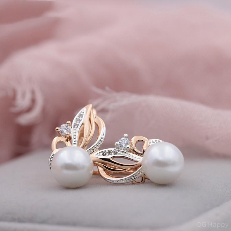 Rose Gold Color Imitation Pearl Earrings for Women Hollow Flower Drop Earrings Unique Design Elegant Delicate Bridal Wedding Jewelry