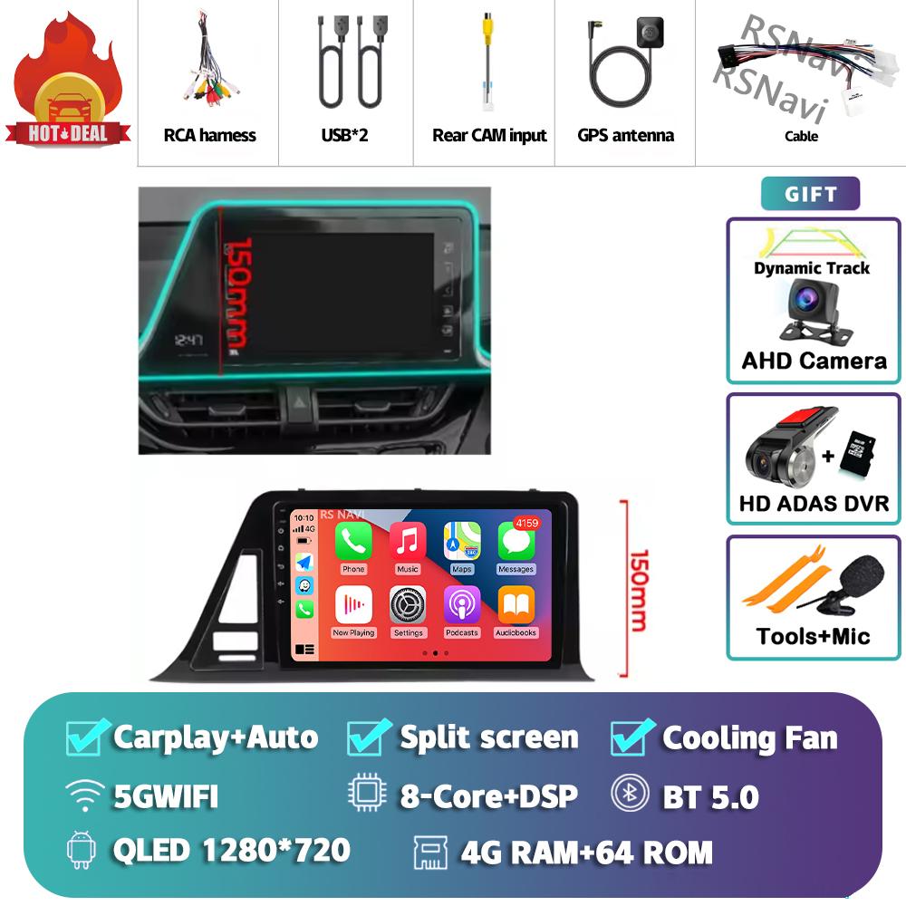 Android 14 Carplay Auto For Toyota C-HR 2016 - 2020 Car Radio Player Multimedia Stereo 360 Camera Navigation Video AI Voice GPS