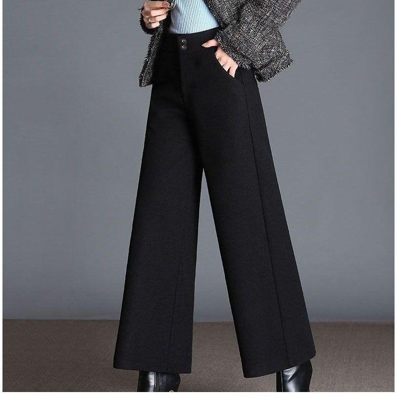 Pantalon en laine à jambes larges pour femmes Nouveau Automne Hiver Ample Taille haute Pantalon droit Épaissi avec un tombé fluide