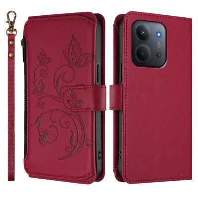 Pro Xiaomi Redmi 15C 5G (EU) (173 mm)/Xiaomi Redmi 15C 4G (EU) (173 mm) Kožené pouzdro Motýlí květinový potisk Peněženka na zip Stojánek Kryt s poutkem na zápěstí