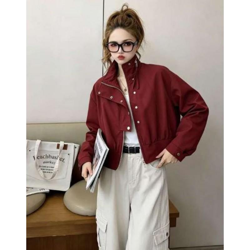 Womens Stand Collar Zip-Up Short Utility Jacket 2026 Korean Style Loose Fit Casual Outerwear