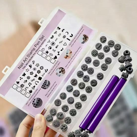 1 Set Nail Stamp Pens with Interchangeable Heads, Nail Art Stamper Tools with 36/48 Patterns, DIY Manicure Design Stamping Pen for Women, Beginner